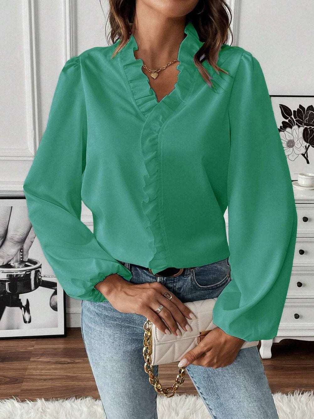 Ruffled V-Neck Long Sleeve Blouse - Trendsi - Flyclothing LLC