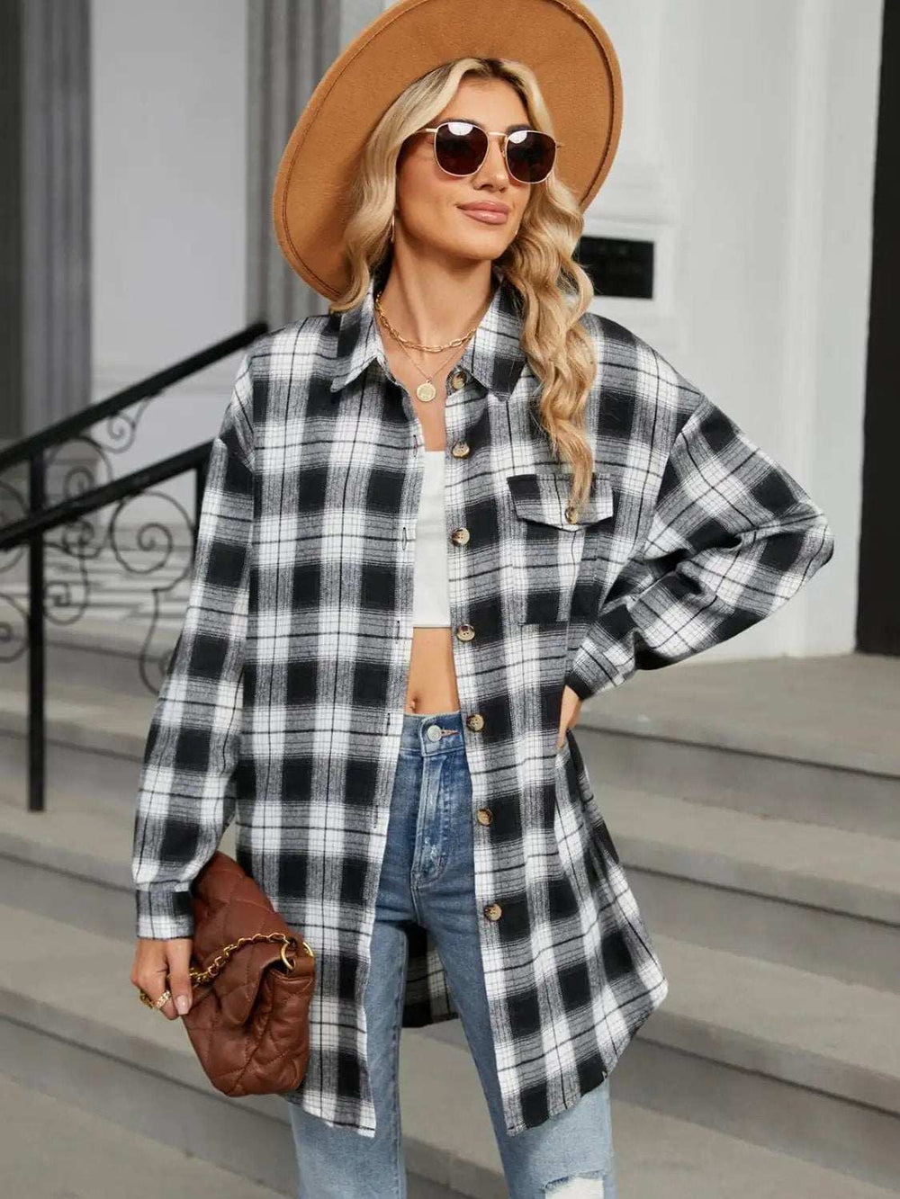 Plaid Collared Neck Long Sleeve Shirt - Trendsi - Flyclothing LLC