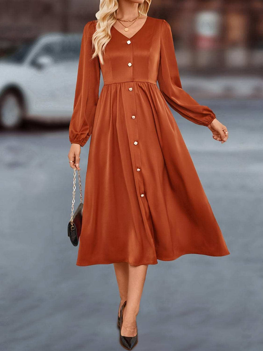 V-Neck Balloon Sleeve Midi Dress - Trendsi - Flyclothing LLC