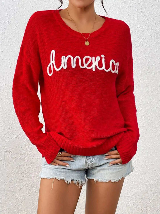 Letter Round Neck Long Sleeve Sweater - Trendsi - Flyclothing LLC