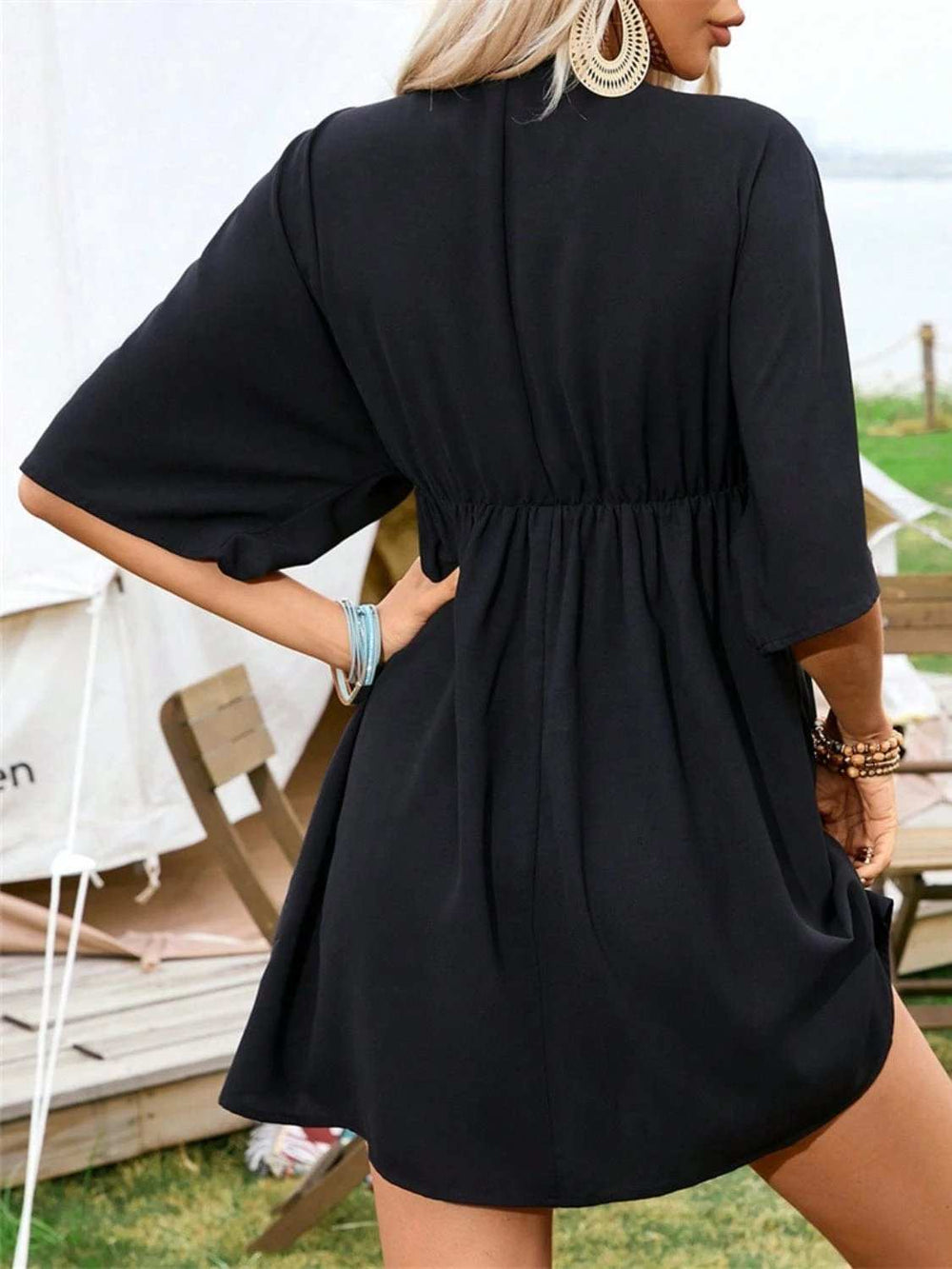 Embroidered Plunge Half Sleeve Mini Dress - Trendsi - Flyclothing LLC