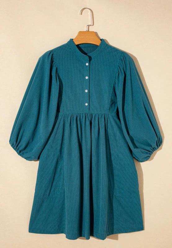 Corduroy Quarter Snap Three-Quarter Sleeve Dress - Trendsi - Flyclothing LLC