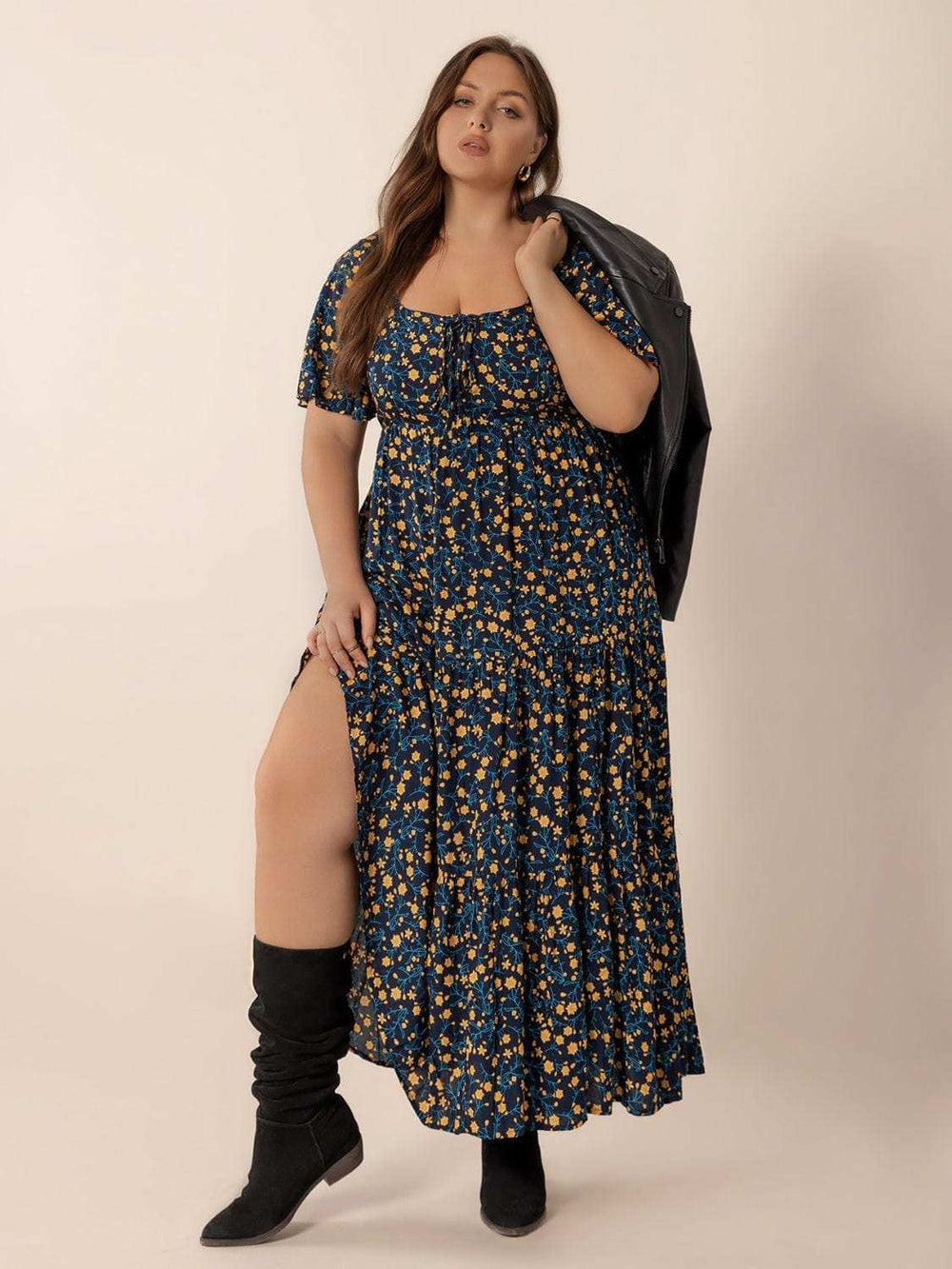 Plus Size Printed Short Sleeve Slit Tiered Maxi Dress - Trendsi - Flyclothing LLC