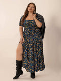 Plus Size Printed Short Sleeve Slit Tiered Maxi Dress - Trendsi - Flyclothing LLC