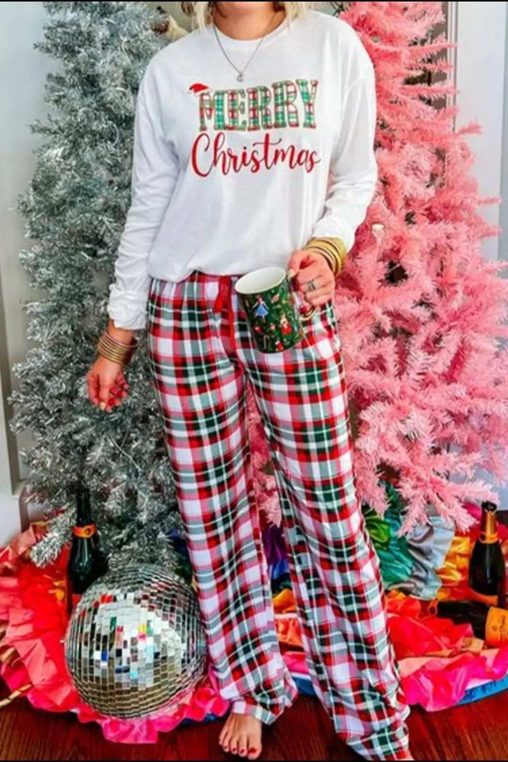 MERRY CHRISTMAS Round Neck Top and Plaid Pants Set - Trendsi - Flyclothing LLC