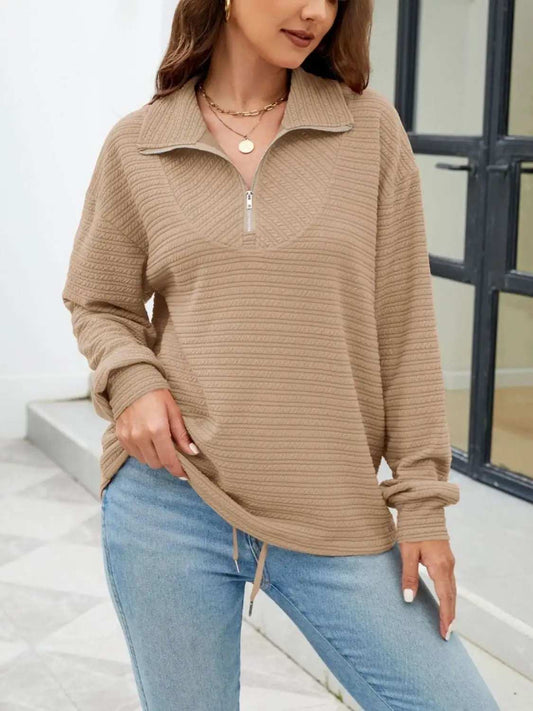 Textured Quarter Zip Long Sleeve Sweatshirt - Trendsi - Flyclothing LLC