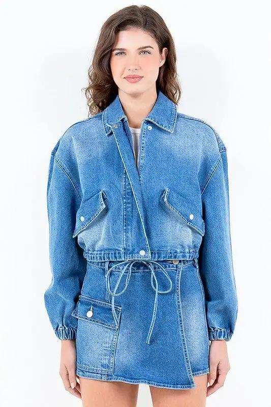 American Bazi Full Size Drop Shoulder Cropped Denim Jacket with Waist Strap Plus Size - Trendsi - Flyclothing LLC