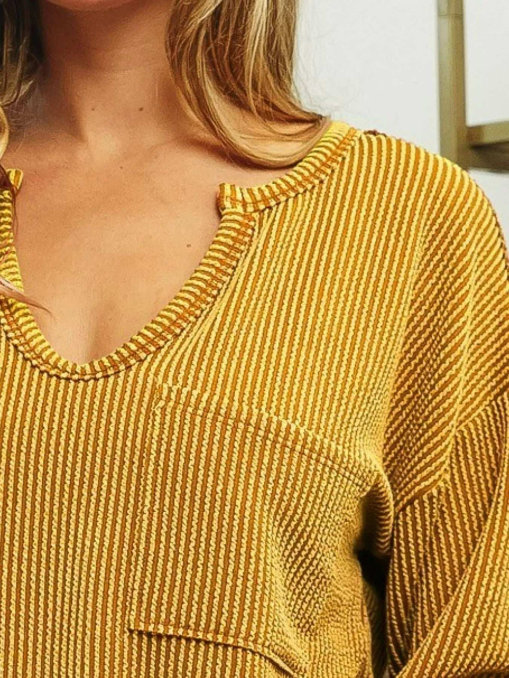 BiBi Wavy Two Tone Rib Notch Neck Patch Pocket Top - Trendsi - Flyclothing LLC
