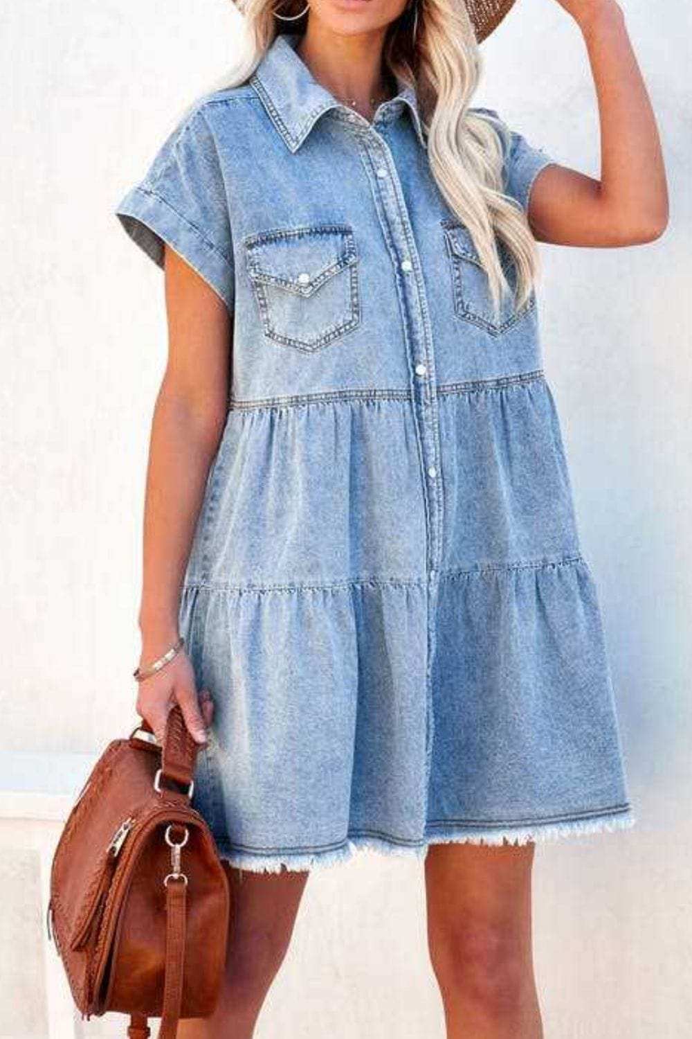 Raw Hem Button Down Denim Mini Dress - Trendsi - Flyclothing LLC