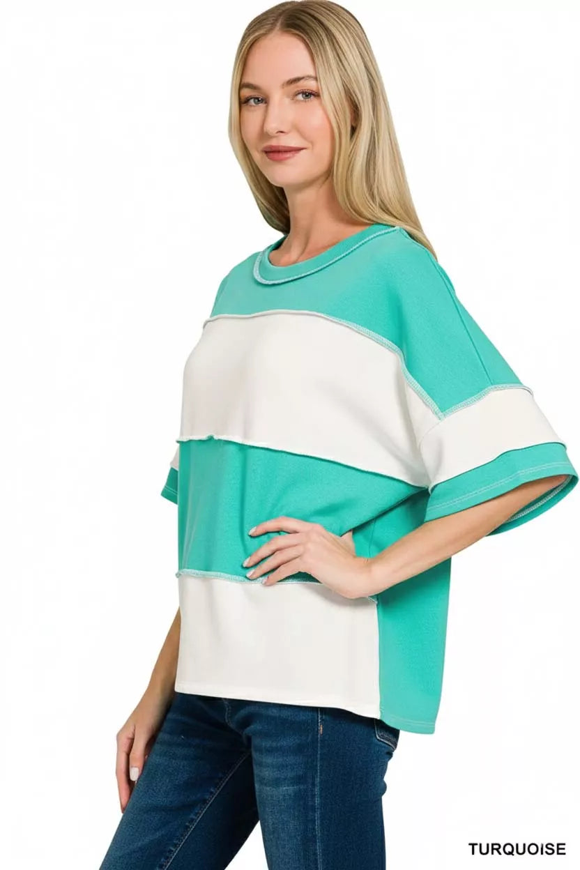 Zenana French Terry Color Block Exposed Seam Top - Trendsi - Flyclothing LLC