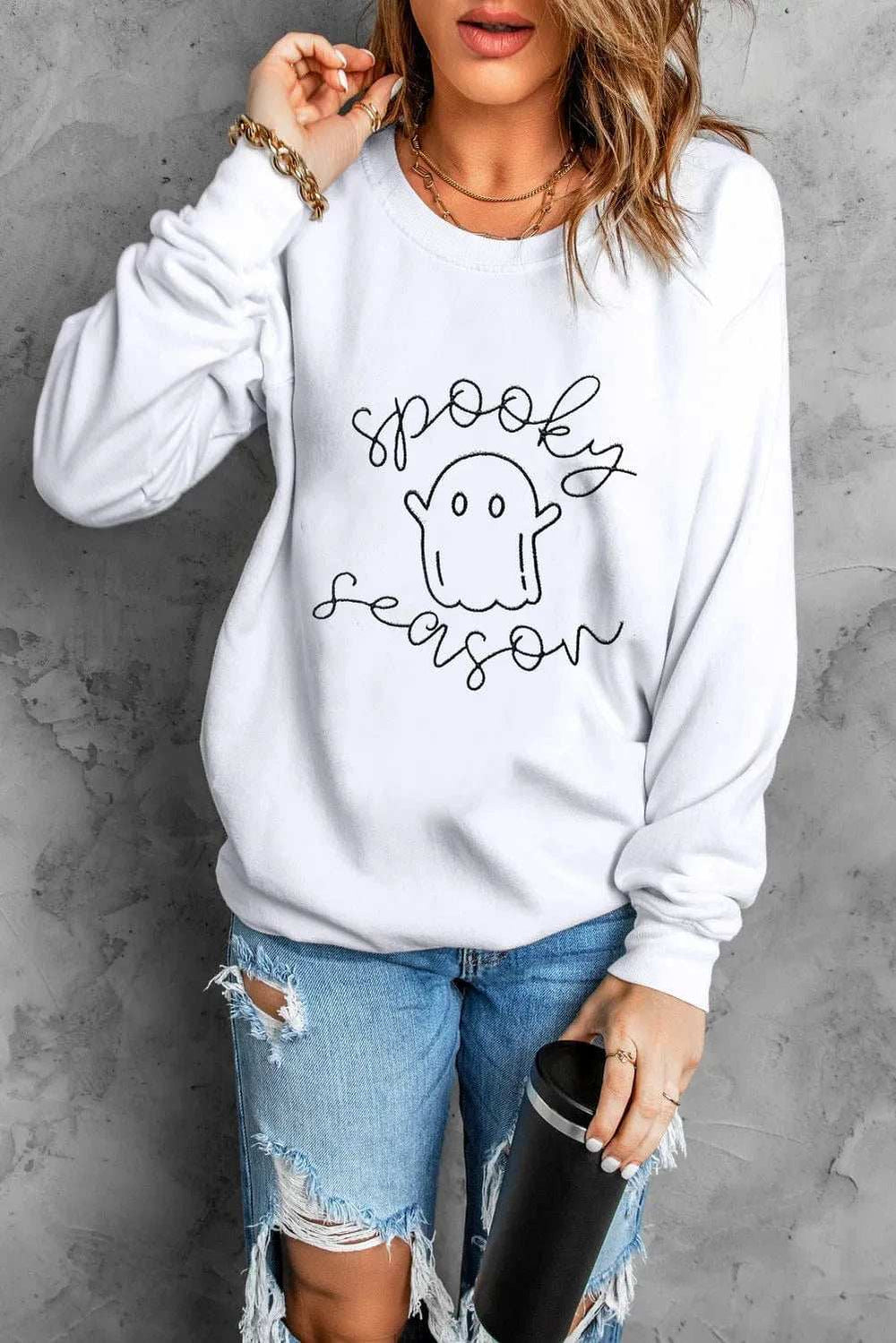 Ghost Graphic Long Sleeve Dropped Shoulder Sweatshirt - Trendsi - Flyclothing LLC