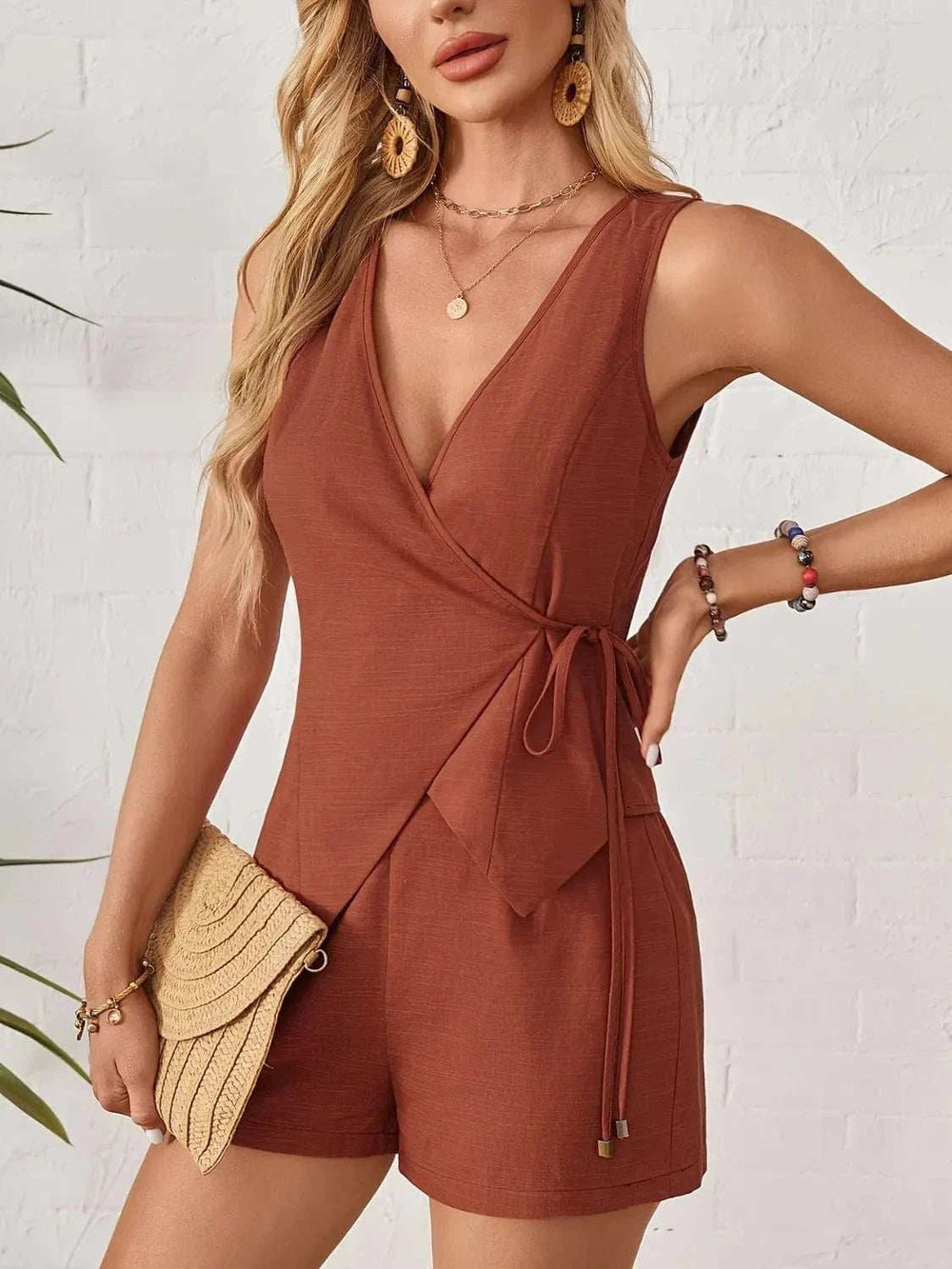 Wrap Tie Front Sleeveless Top and Shorts Set - Trendsi - Flyclothing LLC
