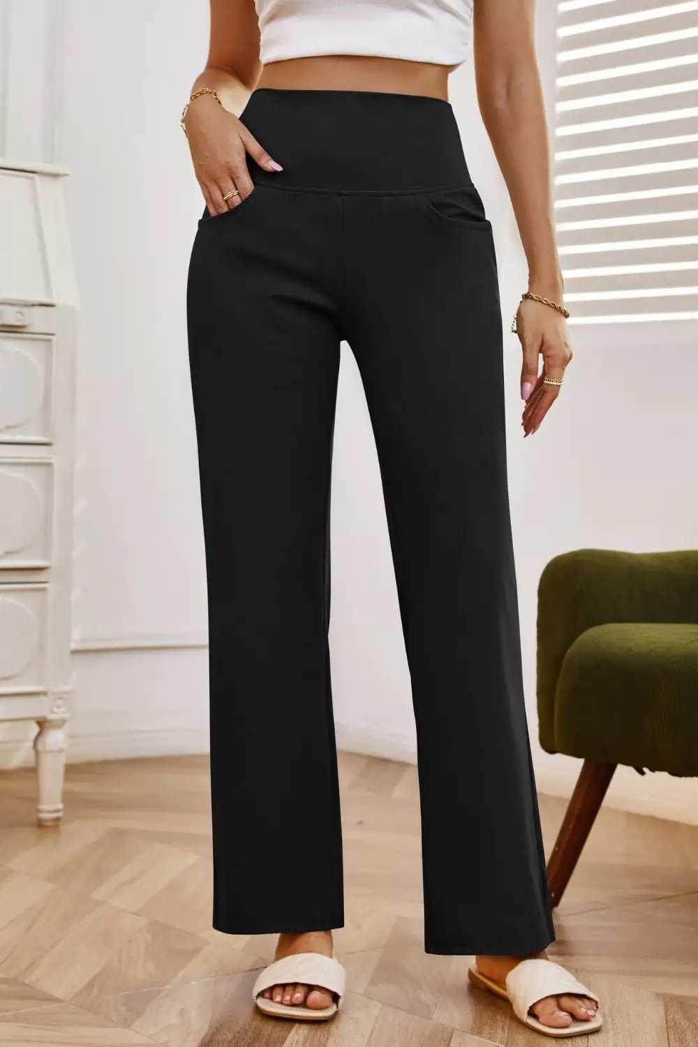 High Waist Wide Leg Pants with Pockets - Trendsi - Flyclothing LLC