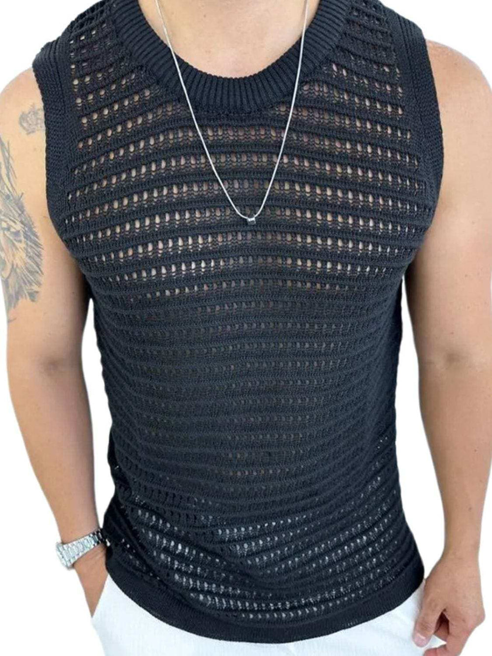 Men's Round Neck Hollow Out Sleeveless Knit Top - Trendsi - Flyclothing LLC