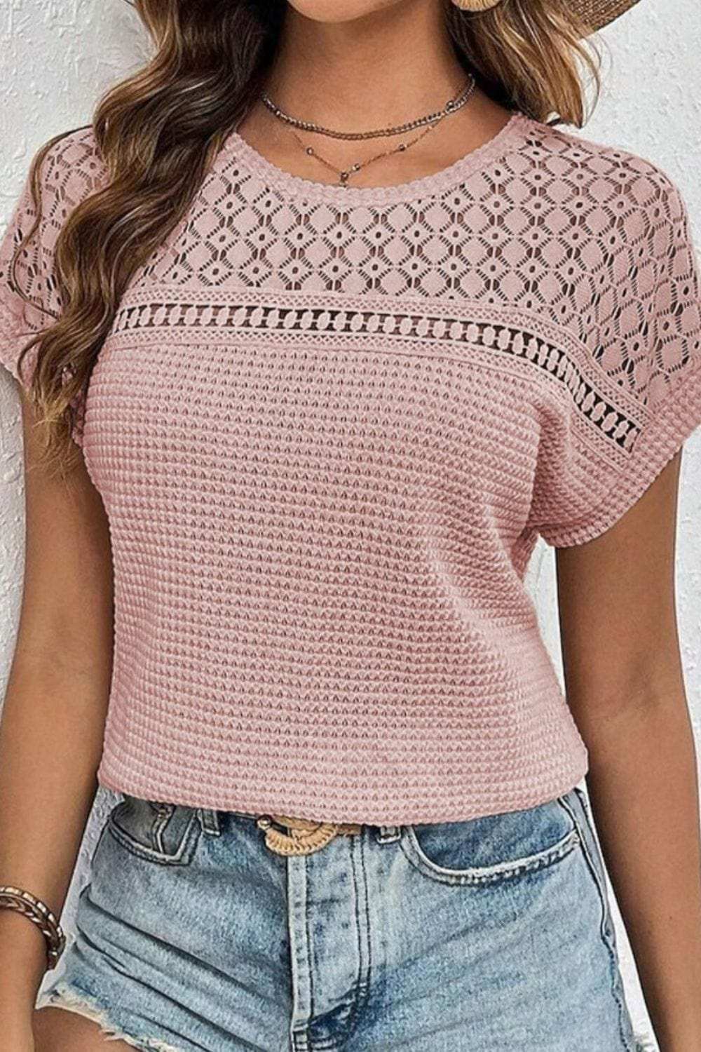 Lace Patchwork Waffle Short Sleeve Knit Top - Trendsi - Flyclothing LLC