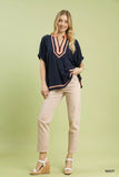 Umgee Linen Contrast Trim V-Neck Blouse - Trendsi - Flyclothing LLC