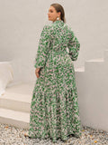 Plus Size Printed Notched Long Sleeve Maxi Dress - Trendsi - Flyclothing LLC