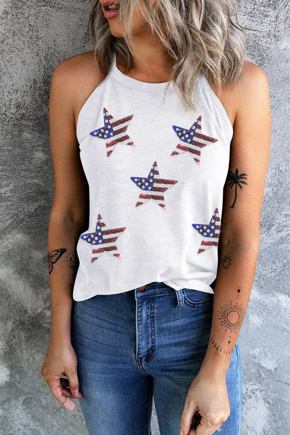 Sequin US Flag Star Grecian Neck Tank - Trendsi - Flyclothing LLC