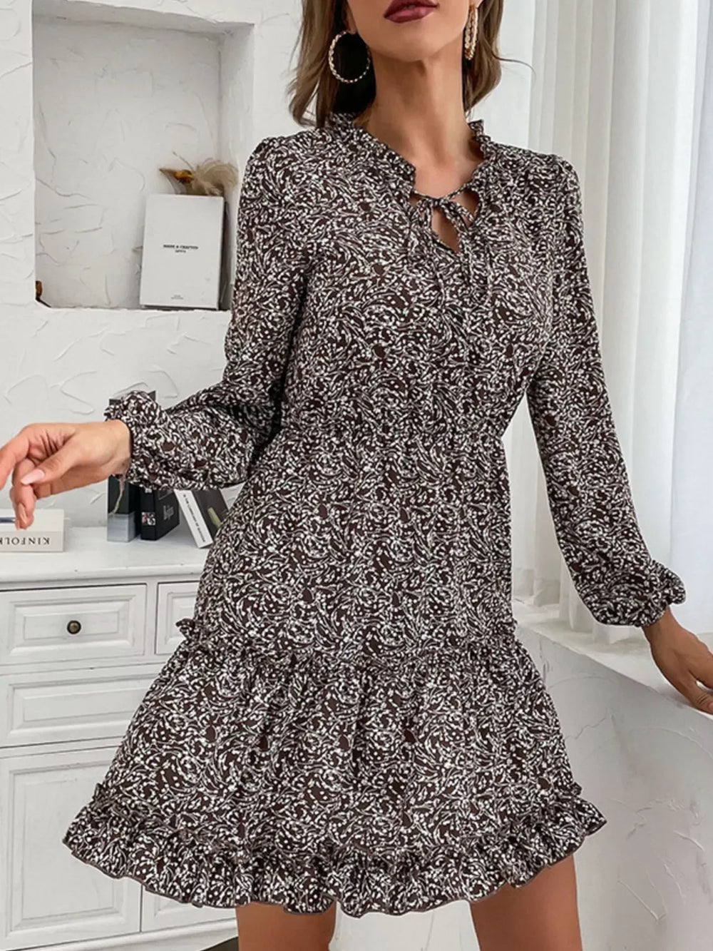 Ruffle Hem Tie Neck Mini Dress - Trendsi - Flyclothing LLC