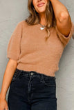 Fuzzy Round Neck Half Sleeve Sweater - Trendsi - Flyclothing LLC