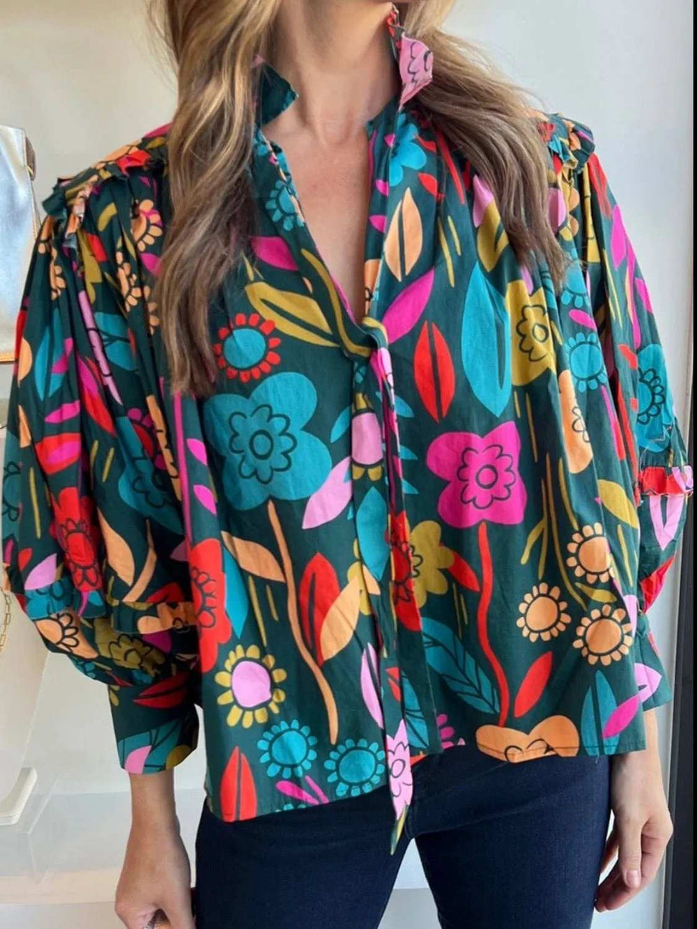 Printed Lantern Sleeve Blouse - Trendsi - Flyclothing LLC