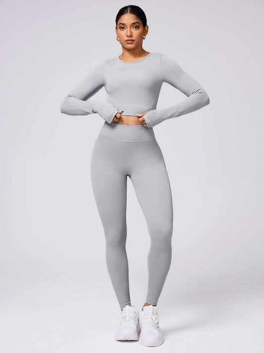 Back Crisscross Round Neck Long Sleeve Top and Leggings Active Set - Trendsi - Flyclothing LLC