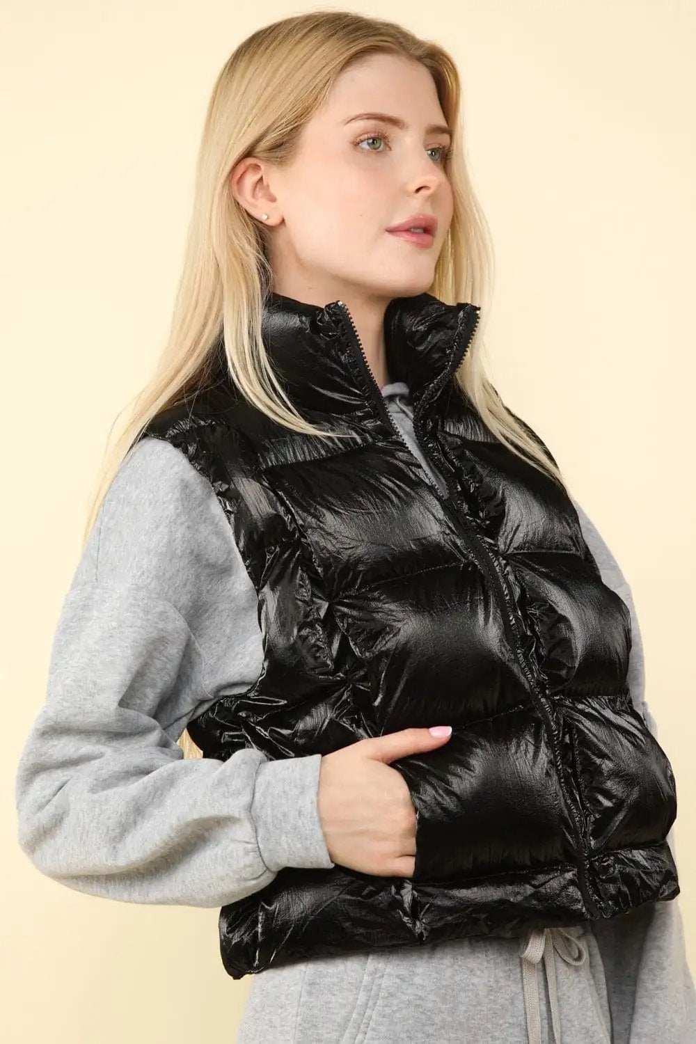 VERY J Shiny Metallic Zip Up Puffer Vest - Trendsi - Flyclothing LLC
