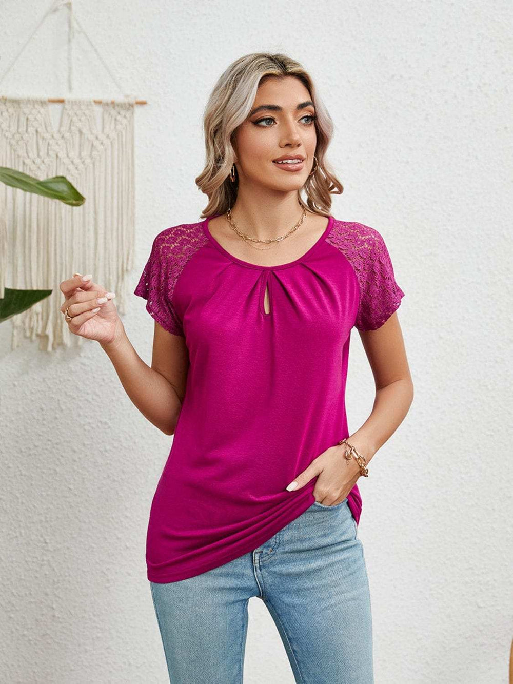Lace Detail Round Neck Short Sleeve T-Shirt - Trendsi - Flyclothing LLC