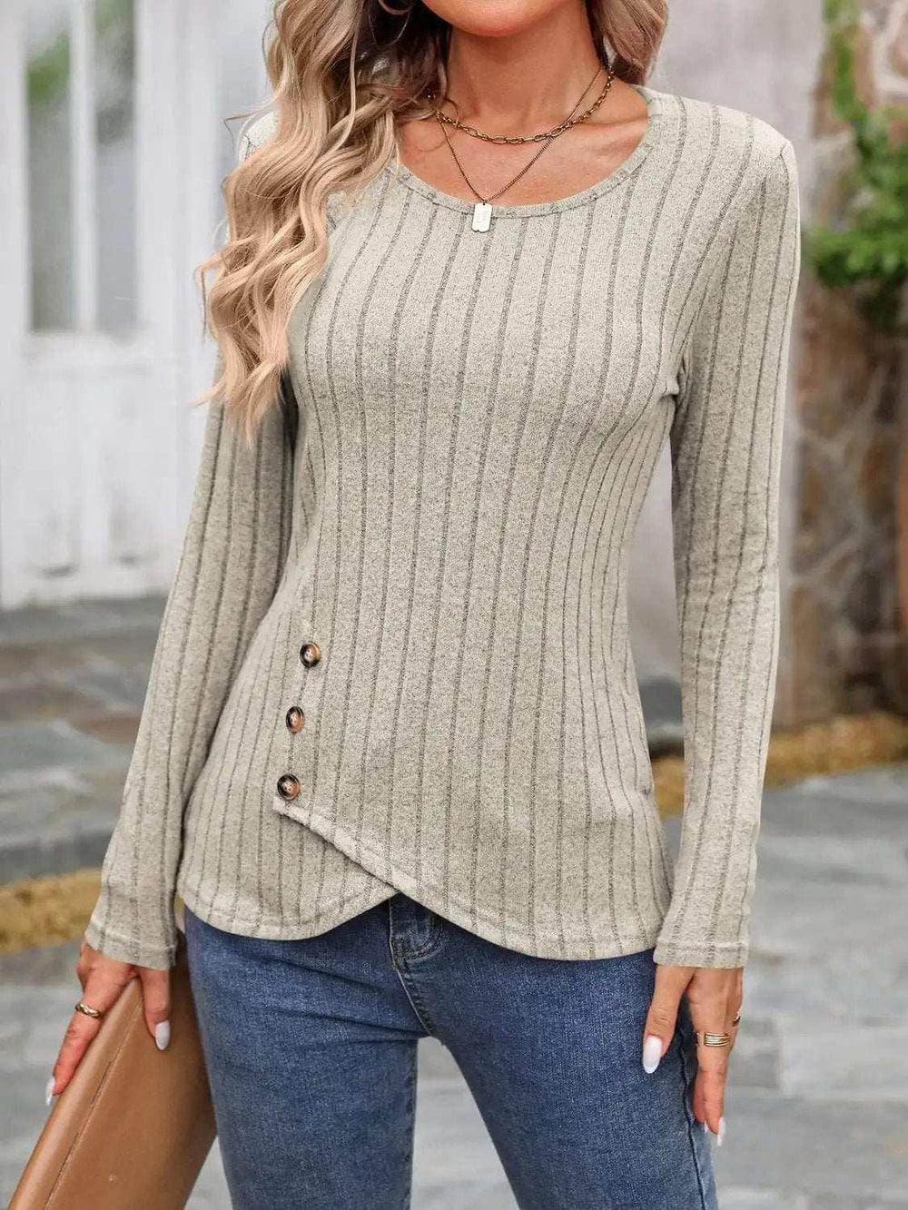 Decorative Button Round Neck Long Sleeve T-Shirt - Trendsi - Flyclothing LLC