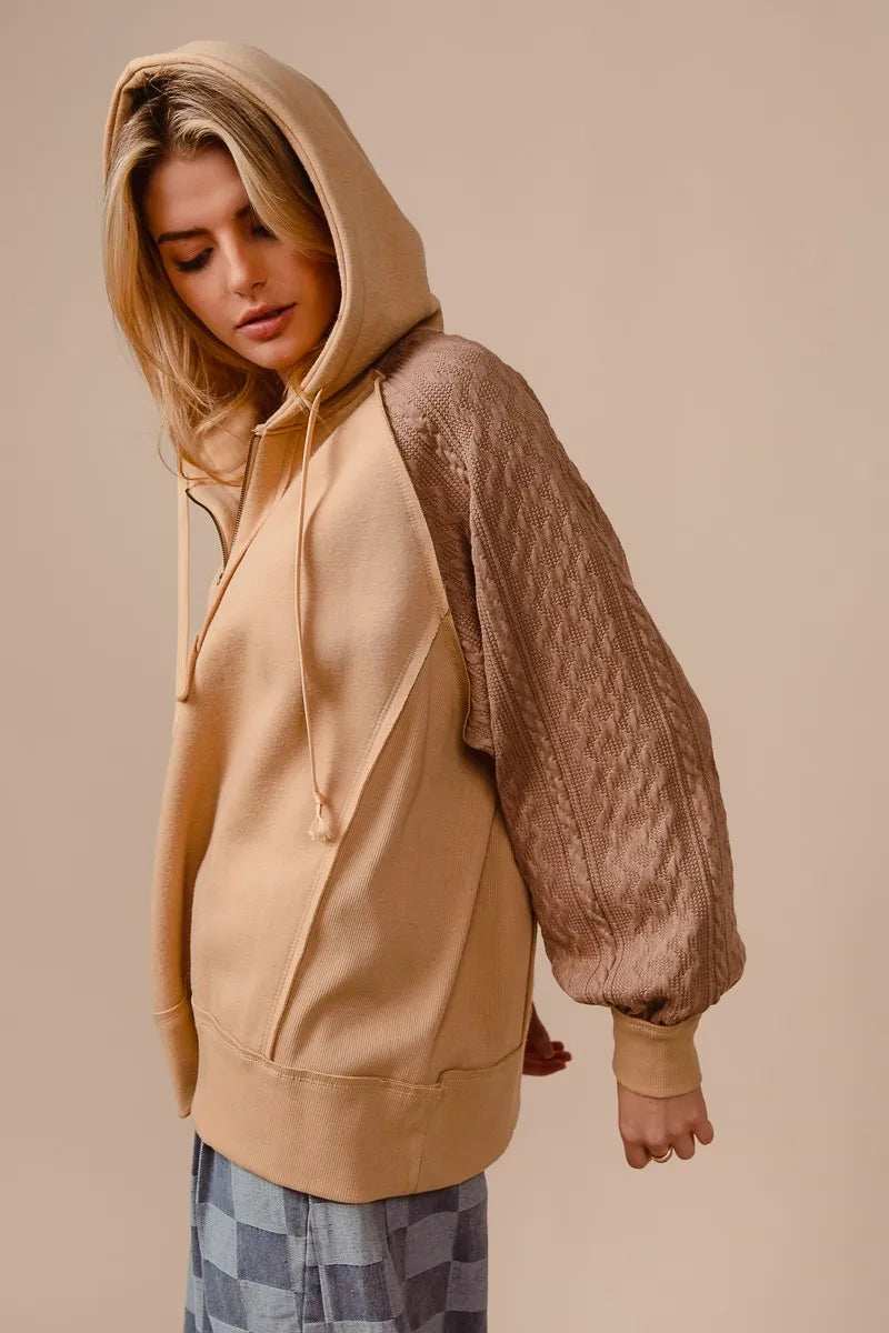 BiBi Half Zip French Terry Hoodie with Kint Sleeves - Trendsi - Flyclothing LLC