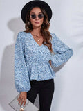 Ruched Printed V-Neck Long Sleeve Blouse - Trendsi - Flyclothing LLC