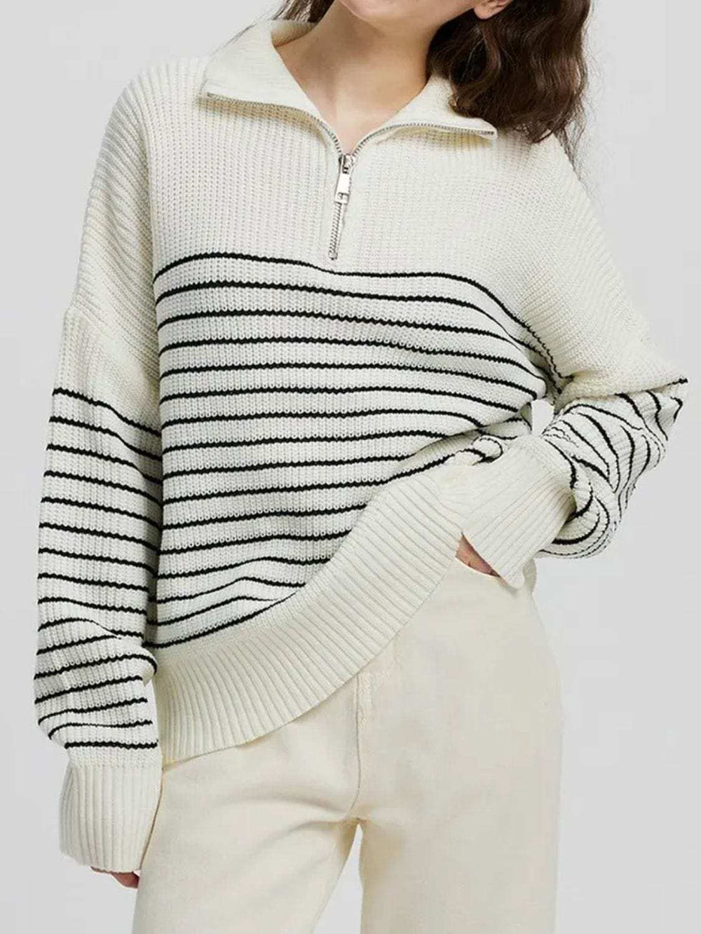 Striped Half Zip Long Sleeve Sweater - Trendsi - Flyclothing LLC