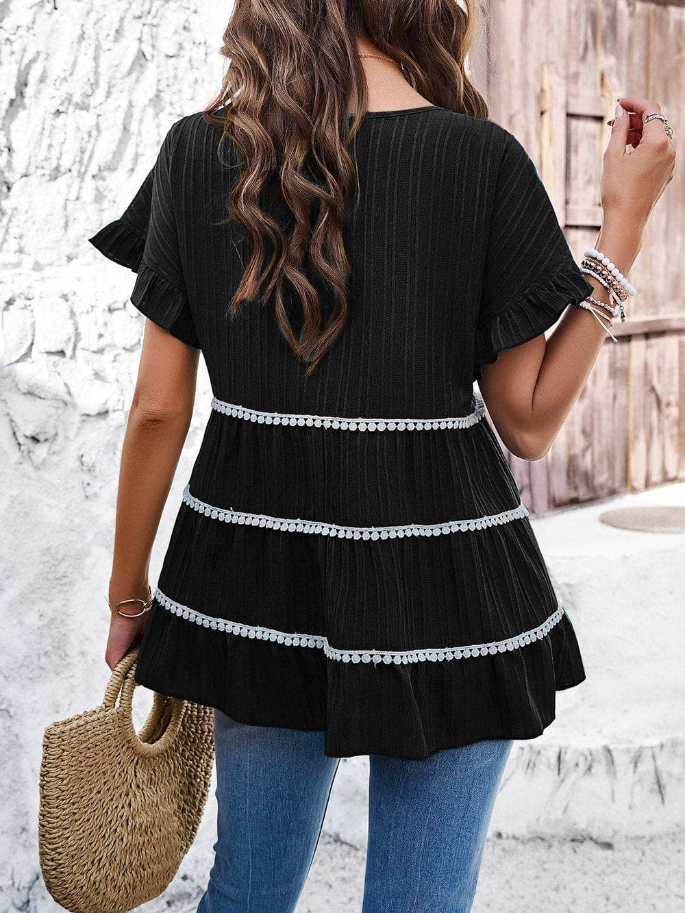 Round Neck Flounce Sleeve Blouse - Trendsi - Flyclothing LLC