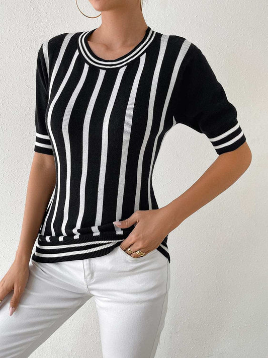 Striped Round Neck Half Sleeve Knit Top - Trendsi - Flyclothing LLC
