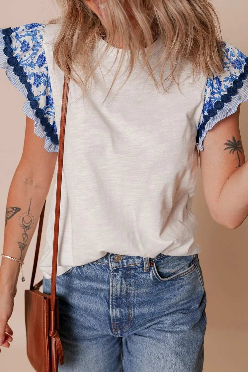 Round Neck Printed Ruffled Cap Sleeve Blouse - Trendsi - Flyclothing LLC