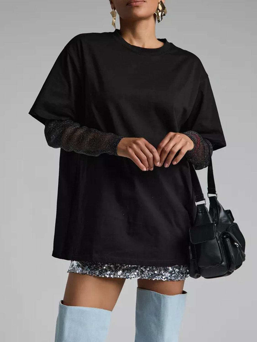 Faux Layered Round Neck Mesh Sleeve Top - Trendsi - Flyclothing LLC