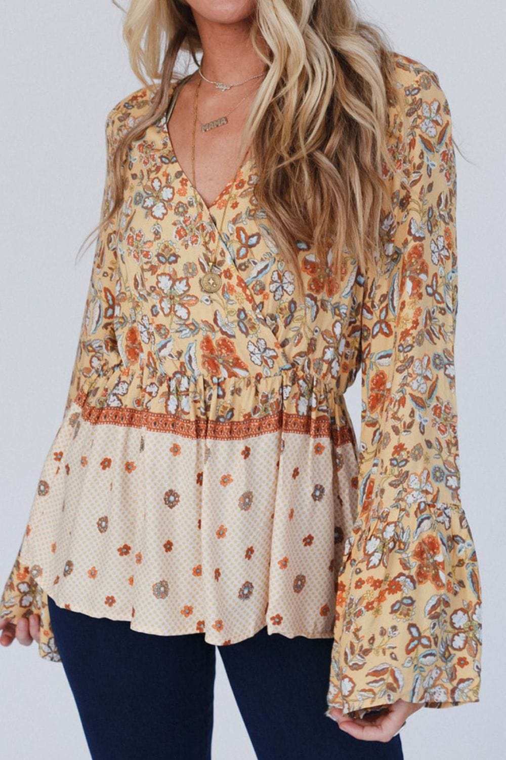Peplum Printed Surplice Flare Sleeve Blouse - Trendsi - Flyclothing LLC