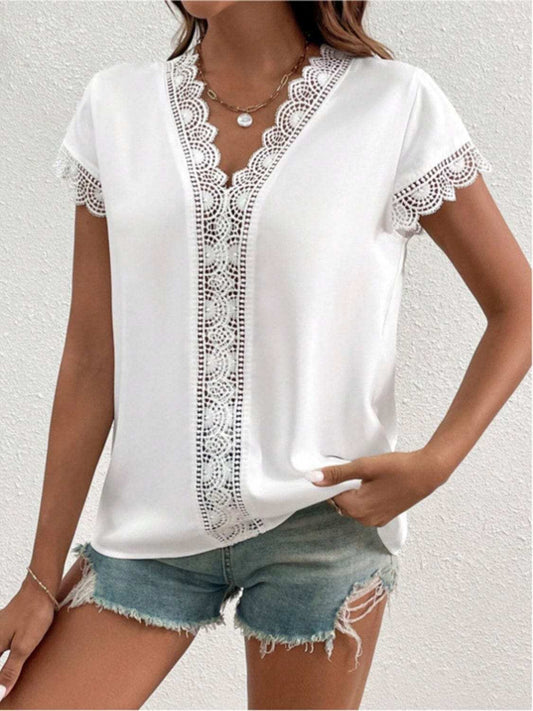 Lace Detail V-Neck Cap Sleeve Blouse - Trendsi - Flyclothing LLC