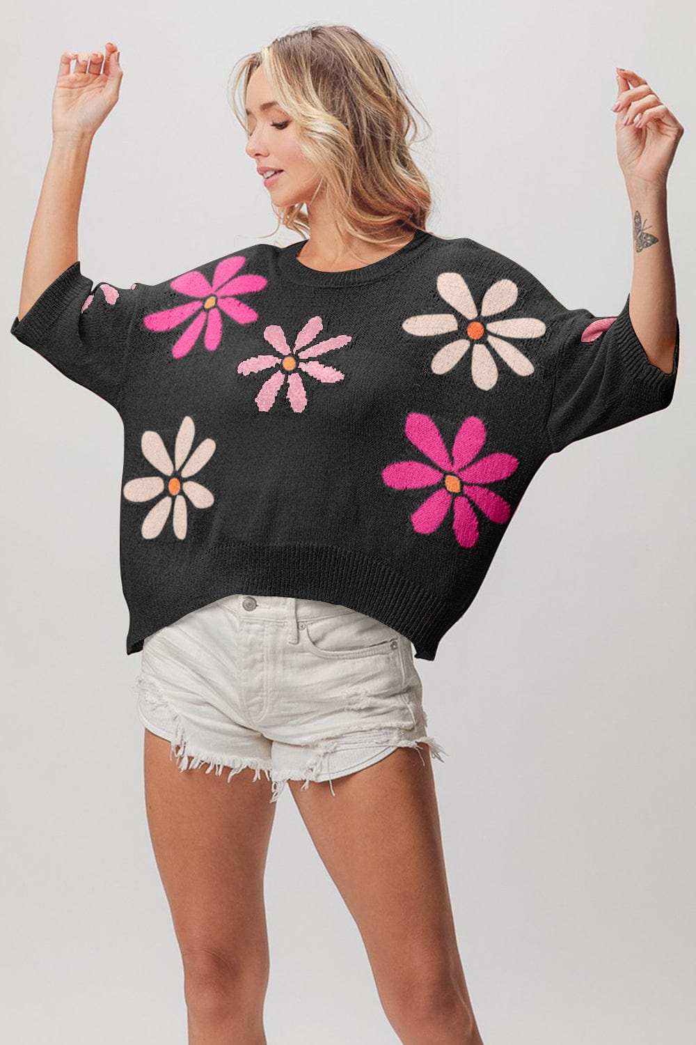 BiBi Floral Pattern Cropped Sweater - Trendsi - Flyclothing LLC