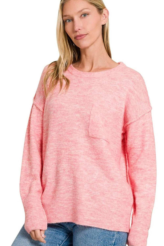 Zenana Melange Hi-low Hem Round Neck Sweater - Trendsi - Flyclothing LLC