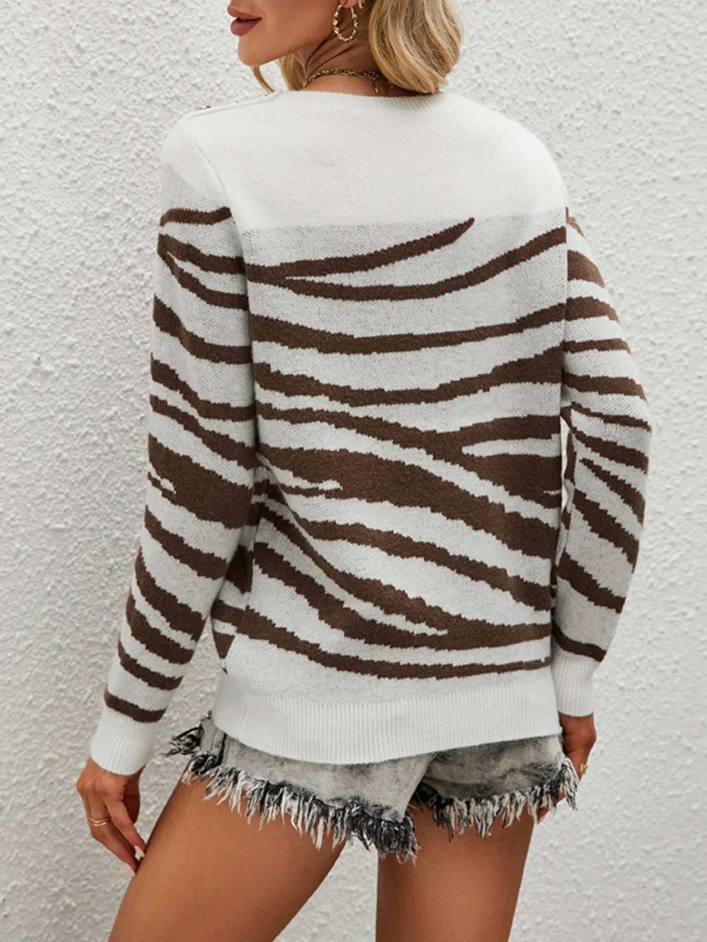 Zebra Print Round Neck Sweater - Trendsi - Flyclothing LLC