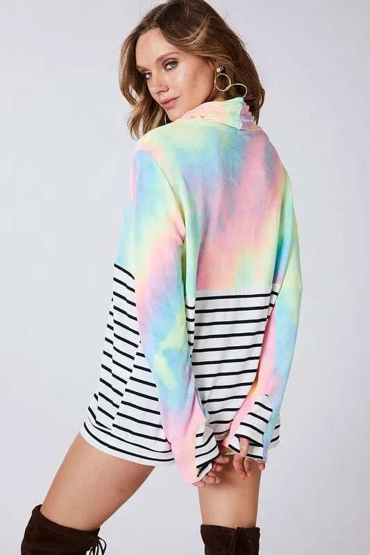 BiBi Tie Dye French Terry Cowl Neck Top - Trendsi - Flyclothing LLC
