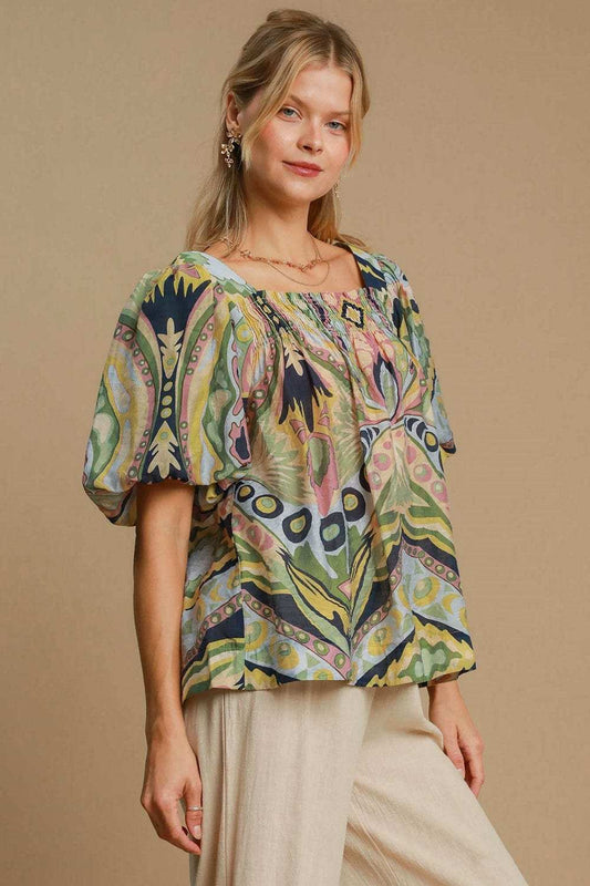 Umgee Full Size Abstract Print Smocked Square Neck Puff Sleeve Blouse - Trendsi - Flyclothing LLC