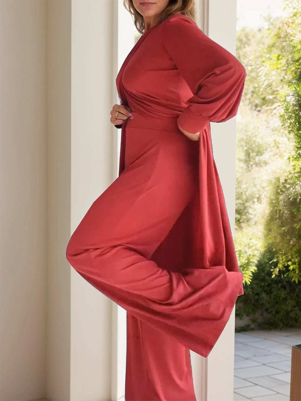 Full Size Slit Round Neck Long Sleeve Top and Pants Set - Trendsi - Flyclothing LLC