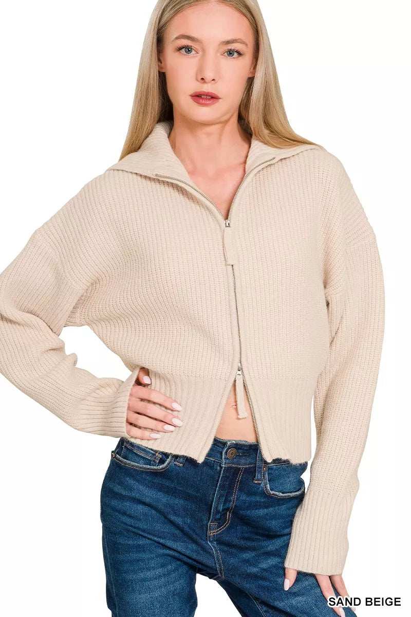 Zenana Ribbed Collared Zip Up Sweater Cardigan - Trendsi - Flyclothing LLC