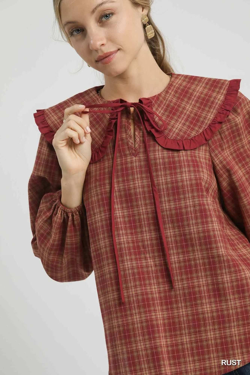 Umgee Full Size Plaid Ruffle Collar Blouse Plus Size - Trendsi - Flyclothing LLC