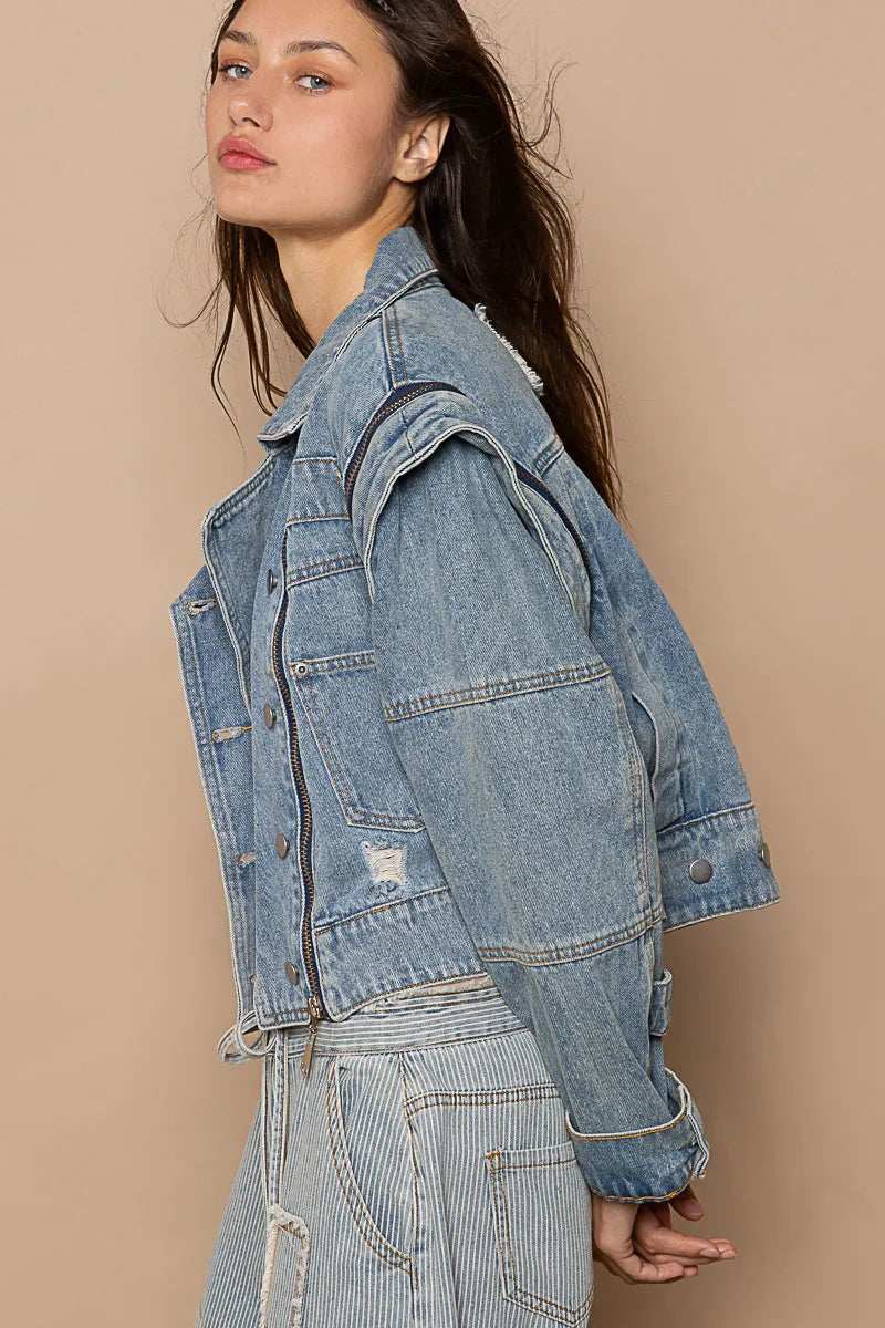 POL Cropped Denim Jacket with Functional Zipper Detail - Trendsi - Flyclothing LLC