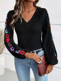 V-Neck Crochet Long Sleeve Top - Trendsi - Flyclothing LLC