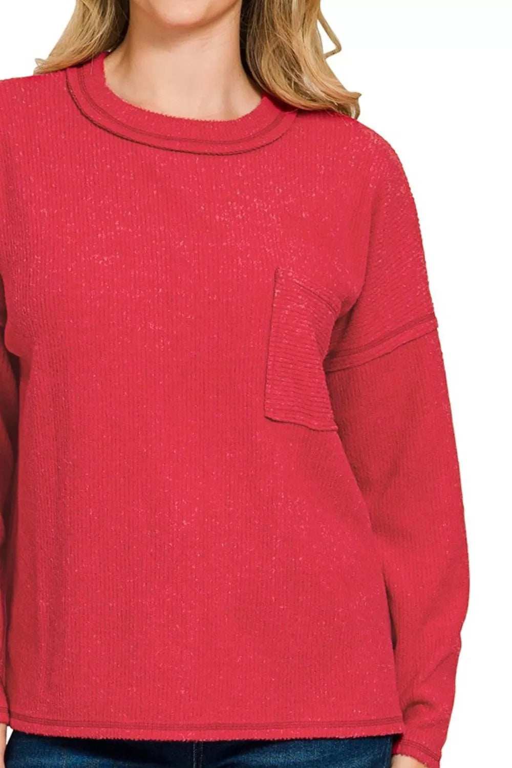 Zenana Ribbed Brushed Melange Hacci Sweater with Chest Pocket - Trendsi - Flyclothing LLC