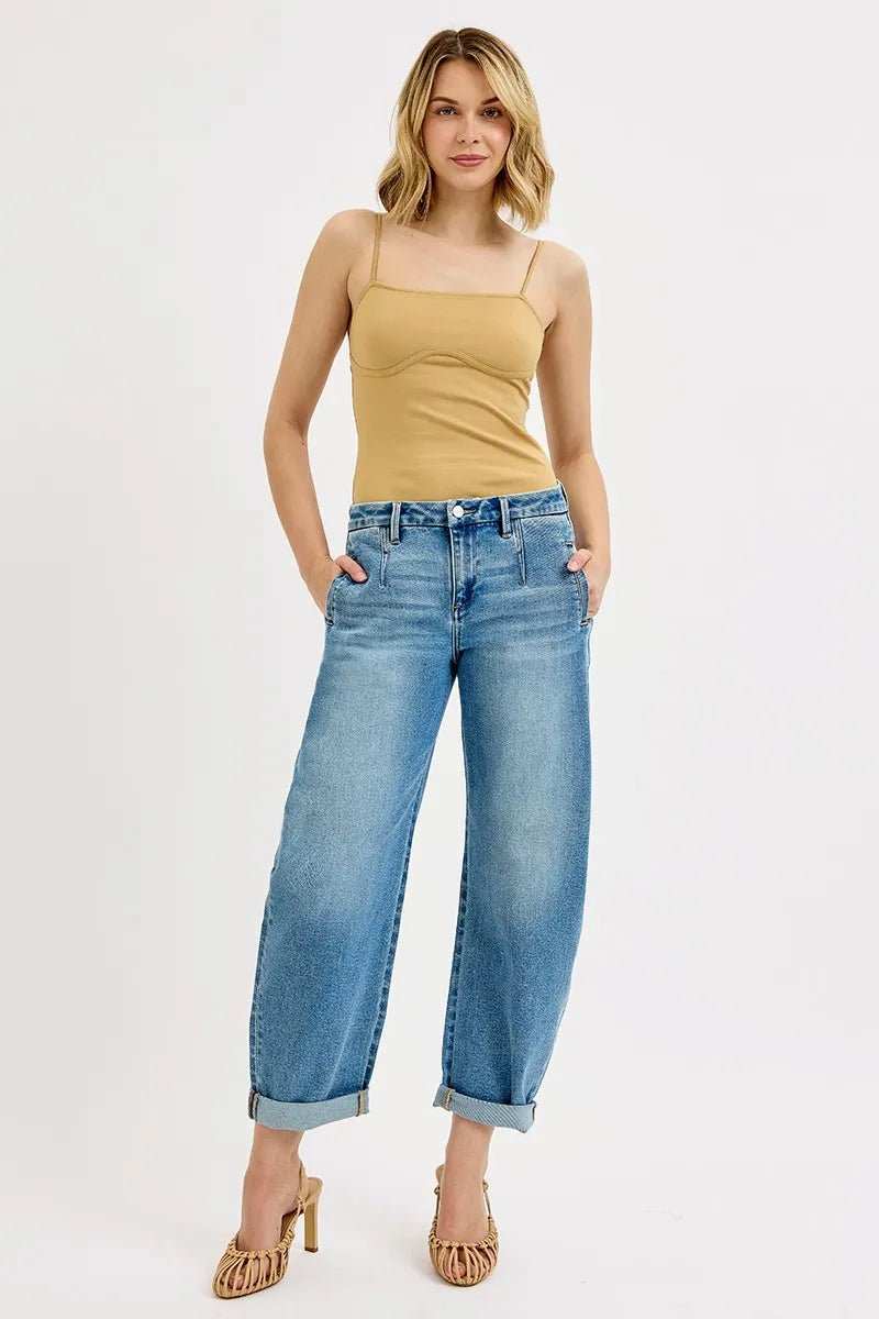 RISEN Full Size Mid Rise Fit Barrel Roll Up Jeans Plus Size - Trendsi - Flyclothing LLC